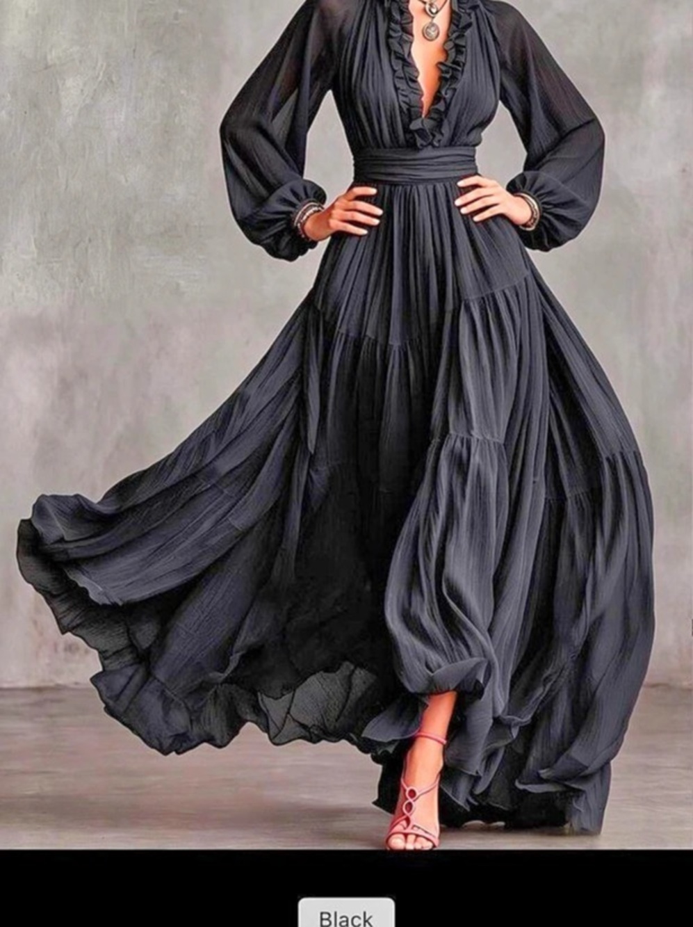 Black Ruffle Detail Maxi Dress